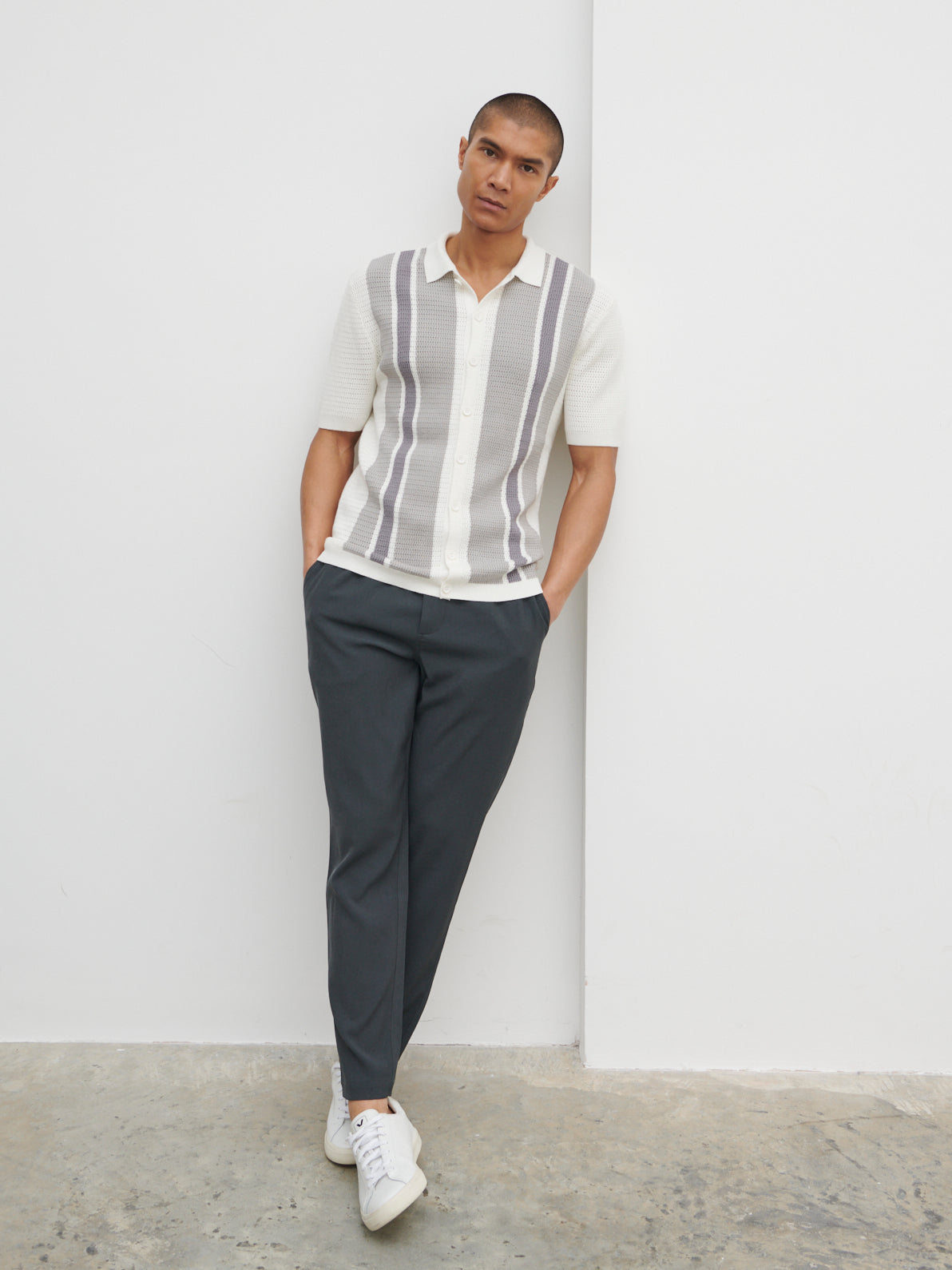 Samuel Short Sleeve Weave Knit Shirt - Blue and Grey Stripe