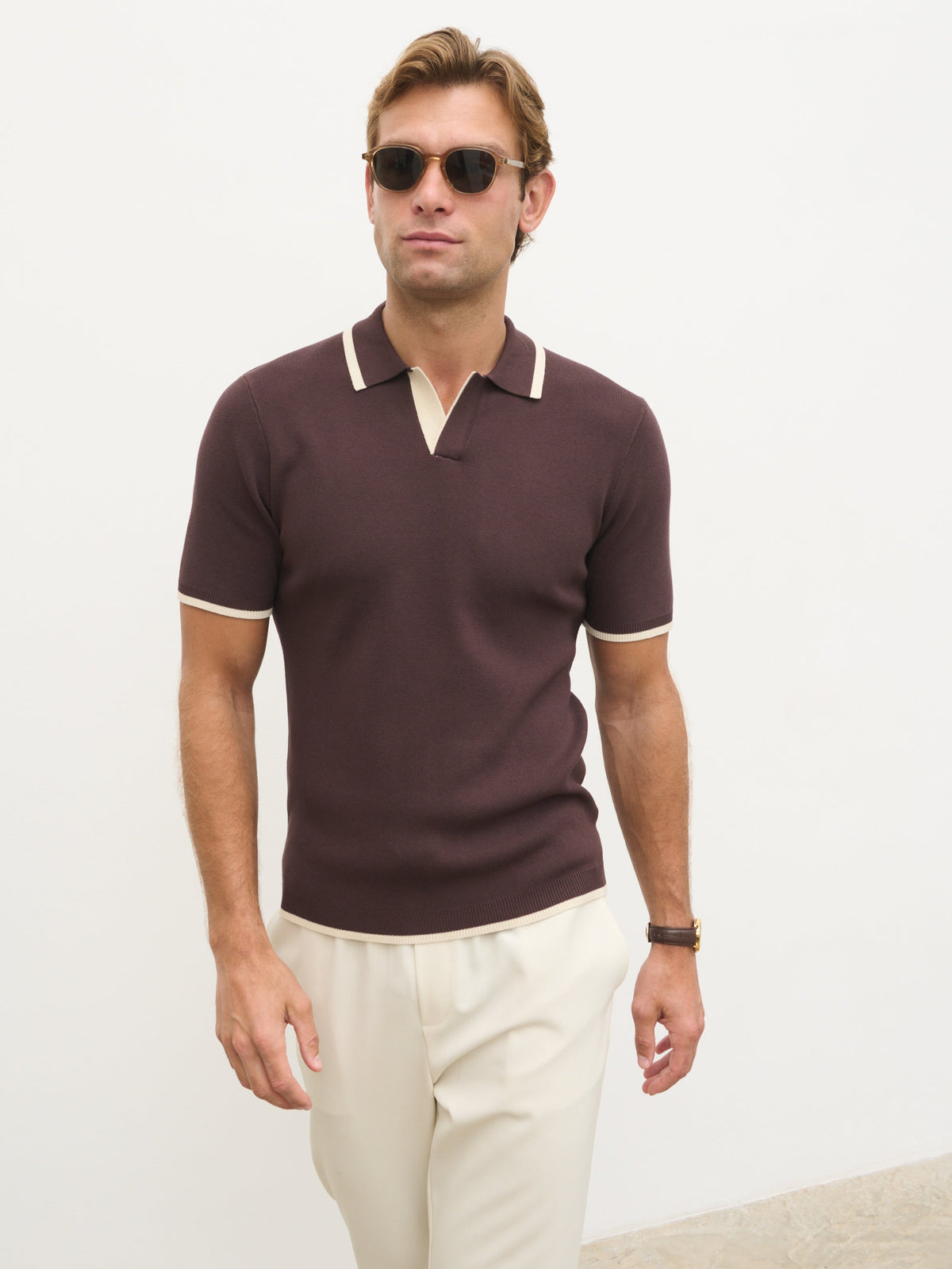 Sebastian Contrast Knit Polo Chocolate