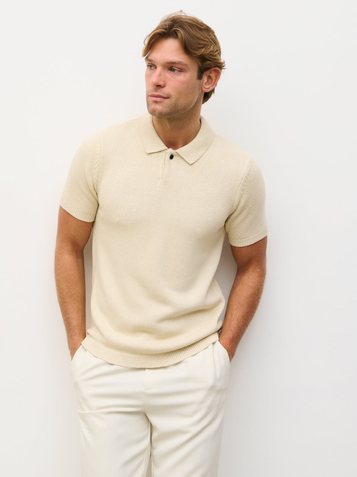 Syd Single Button Collar Knit Polo - Stone