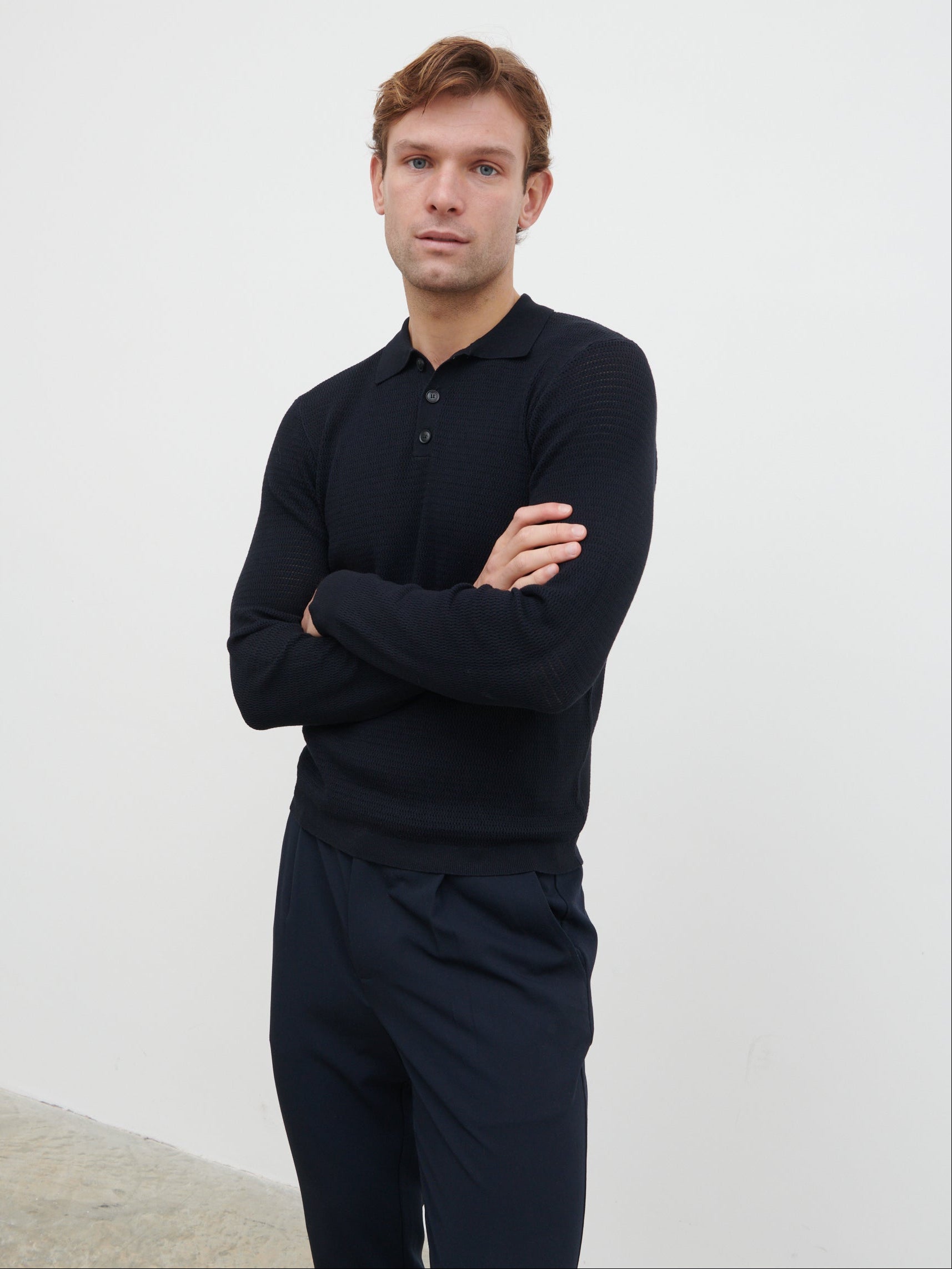 Tristan Openwork Knit Polo - Navy