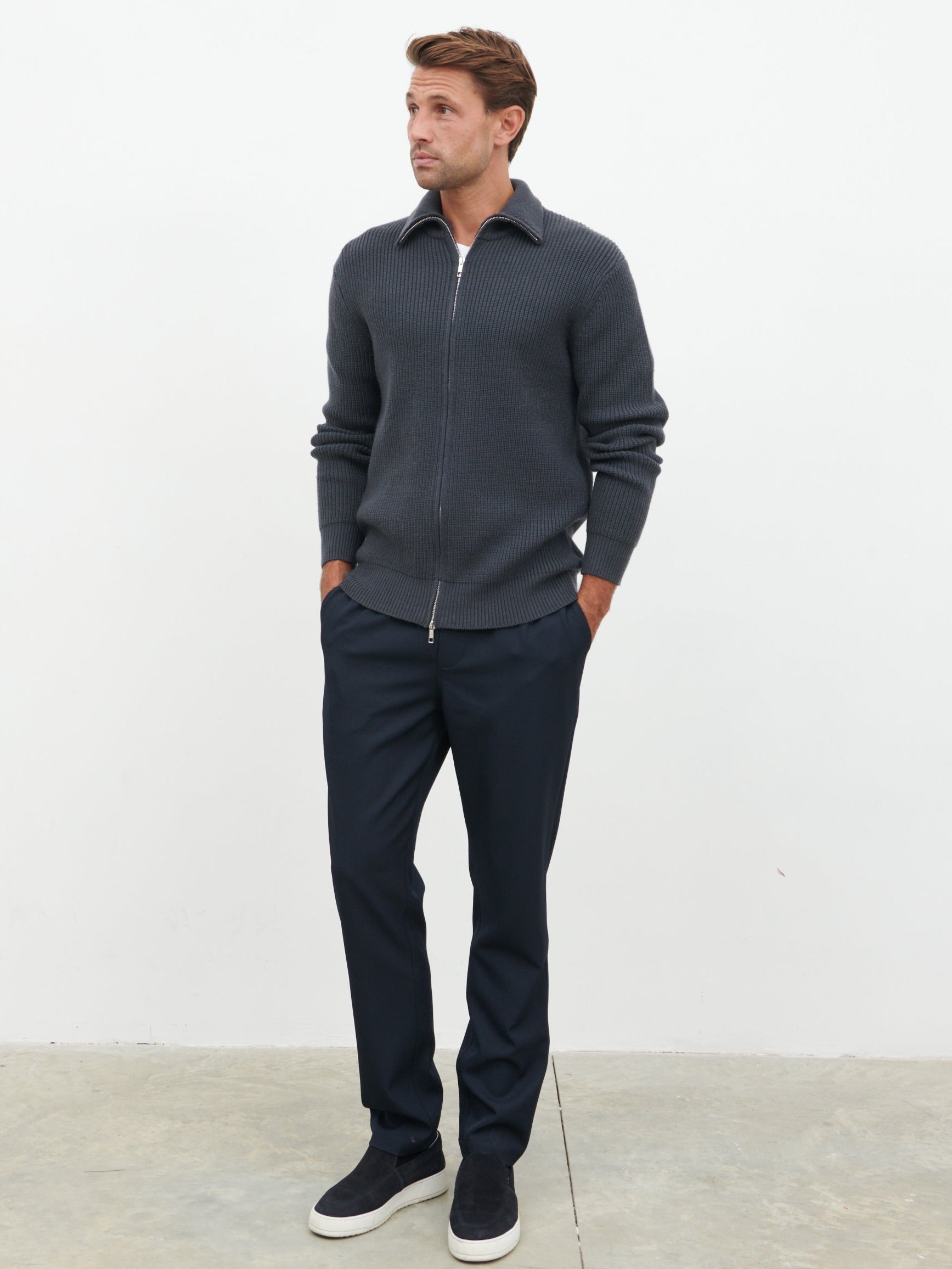 Tucker Double Zip Knit Jacket - Charcoal Blue