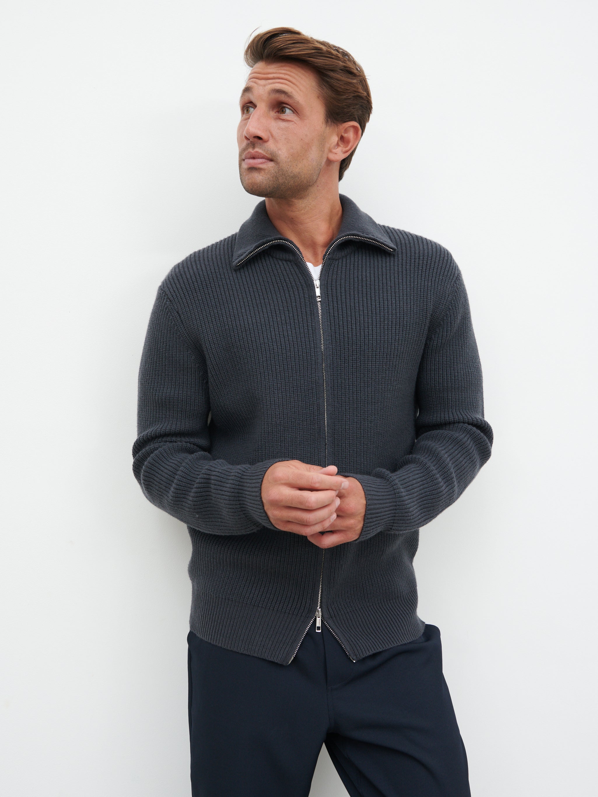 Tucker Double Zip Knit Jacket - Charcoal Blue