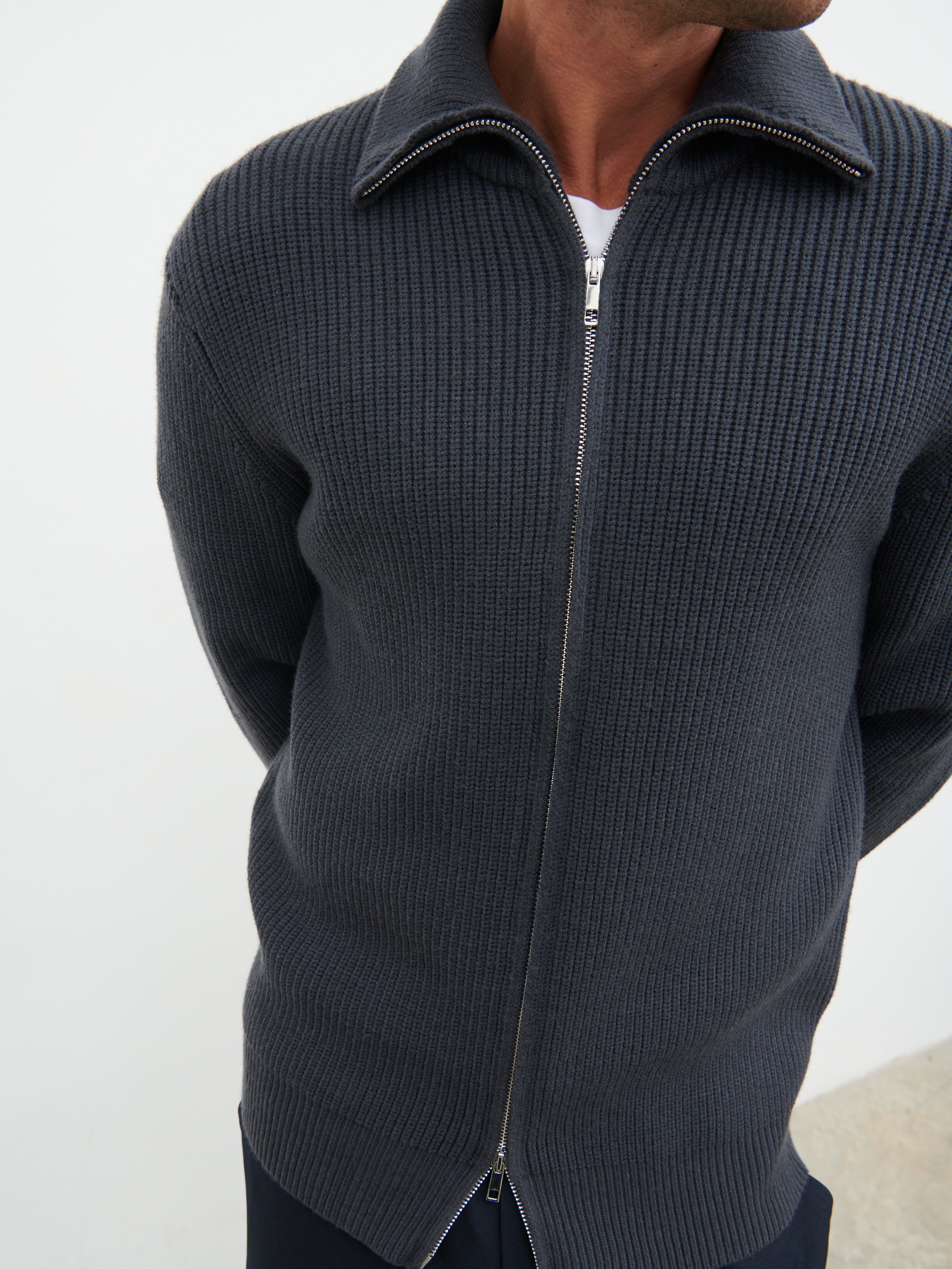 Tucker Double Zip Knit Jacket - Charcoal Blue