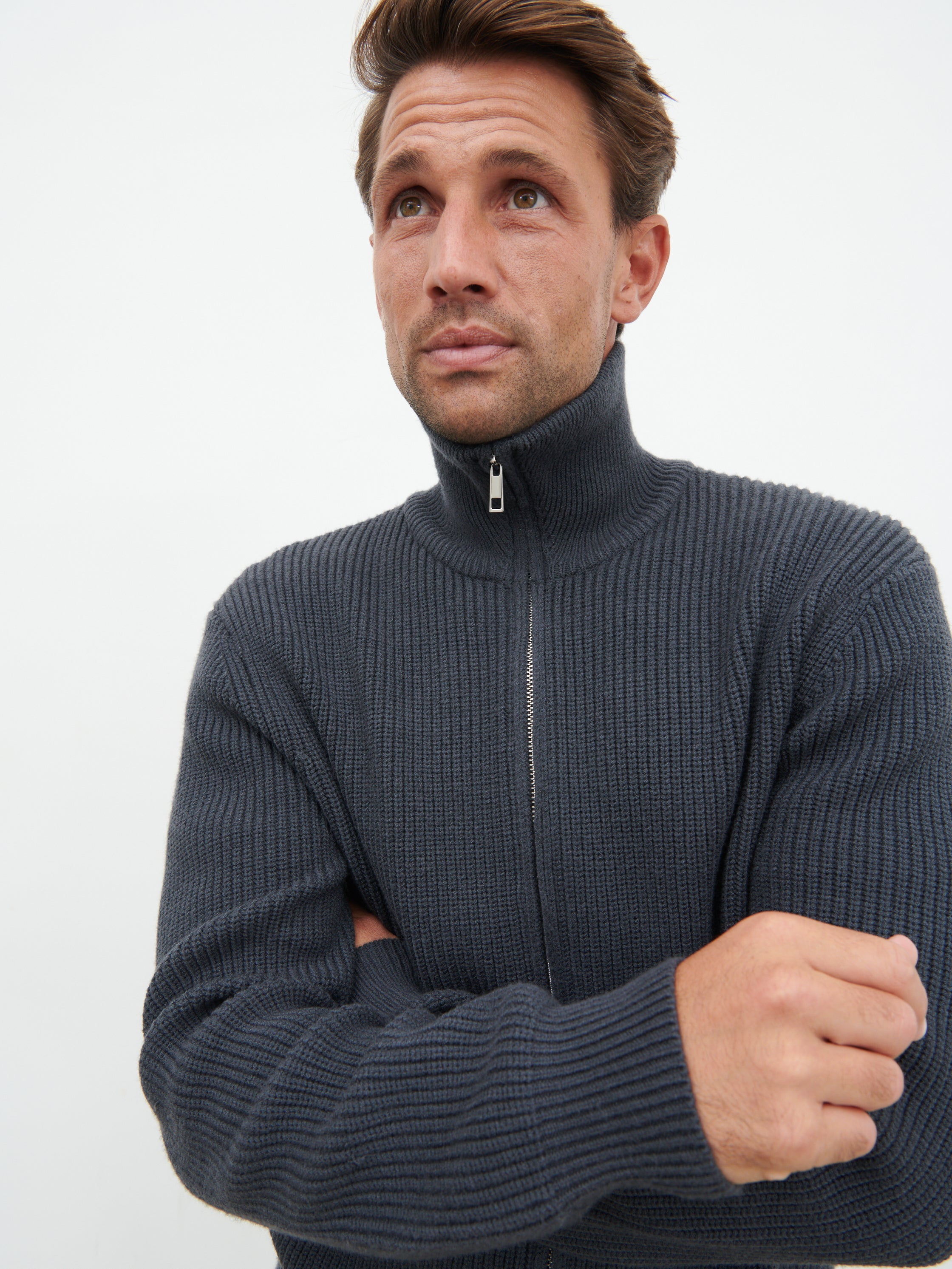 Tucker Double Zip Knit Jacket - Charcoal Blue