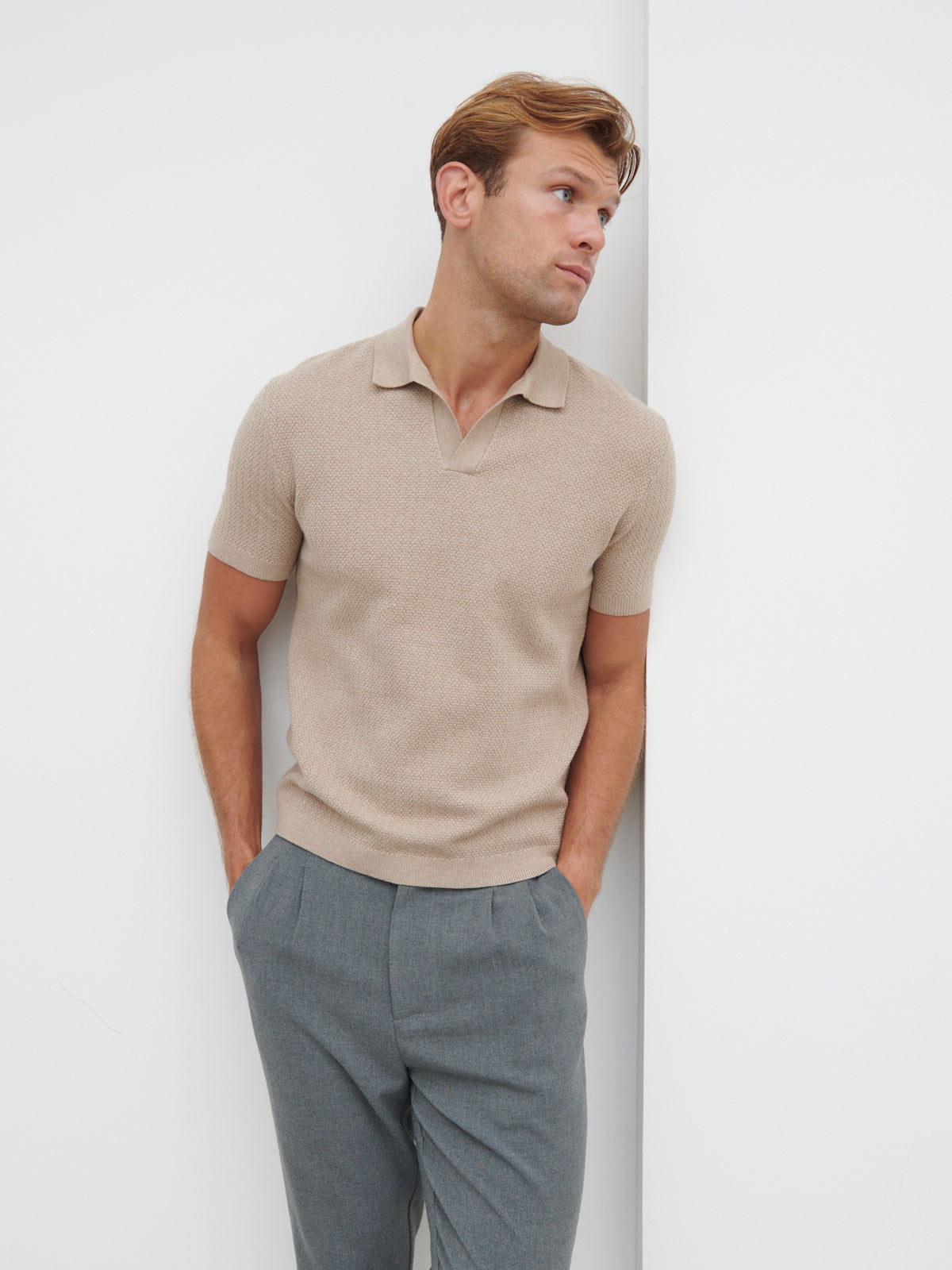 Vinnie Textured Knit Polo - Oatmeal