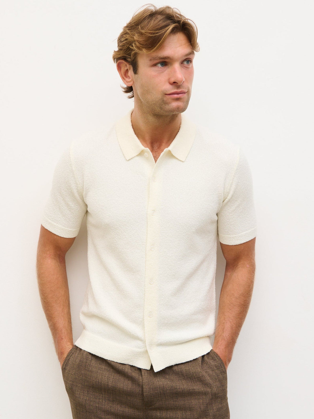 Warner Button Down Short Sleeve Knit Shirt - Cream