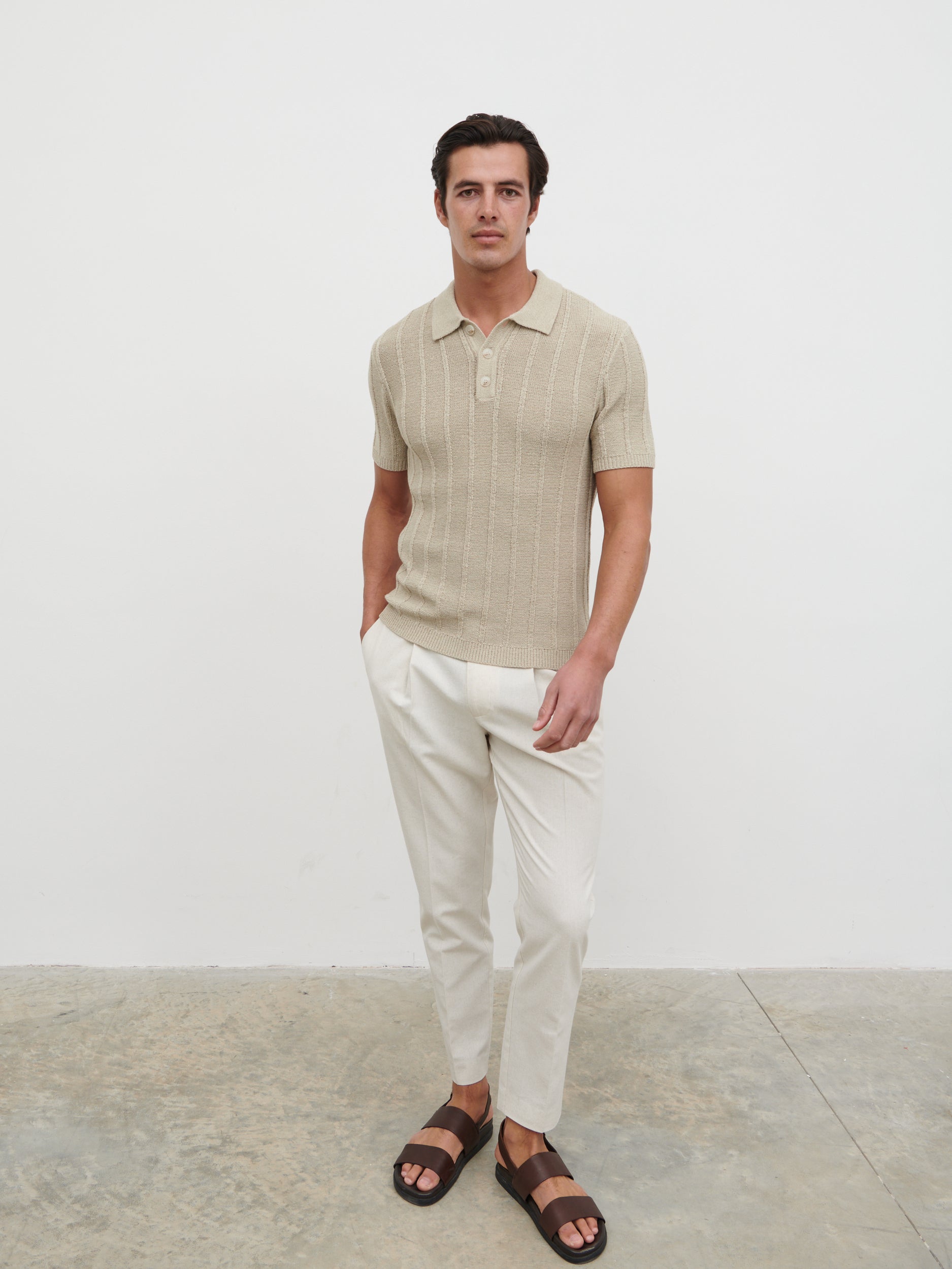 Wesley Fine Tape Stripe Knit Polo - Beige