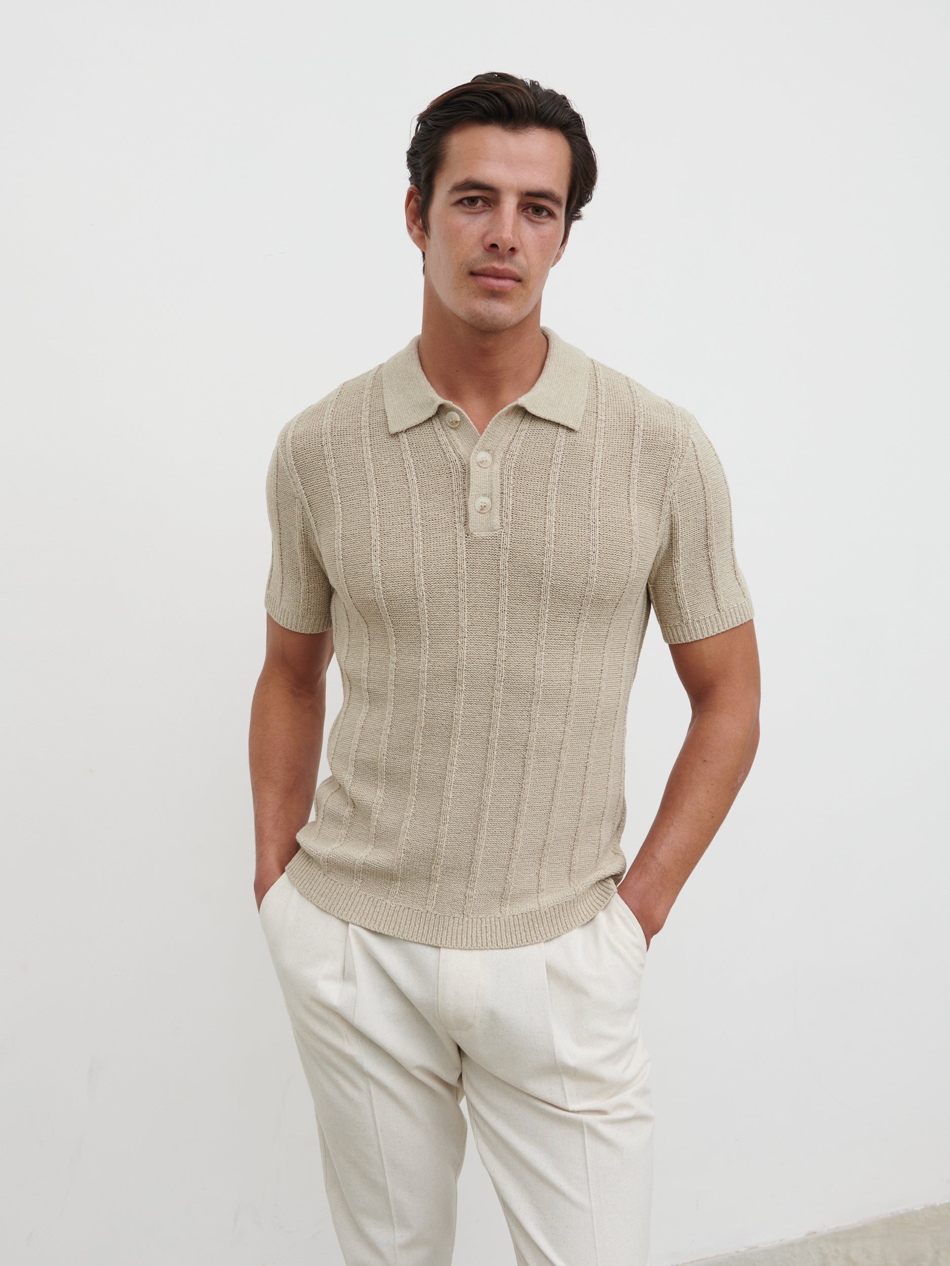Wesley Fine Tape Stripe Knit Polo - Beige