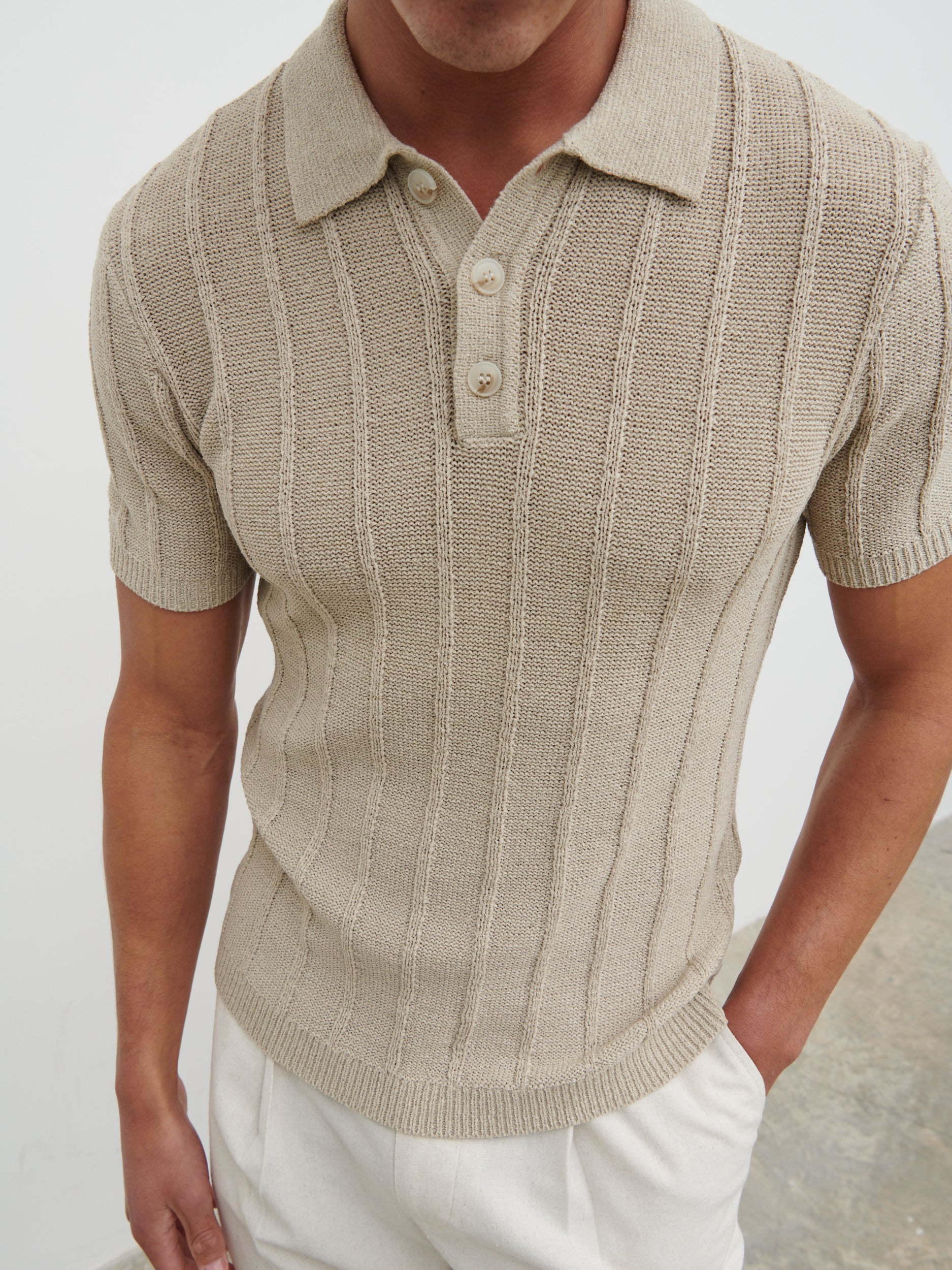 Wesley Fine Tape Stripe Knit Polo - Beige