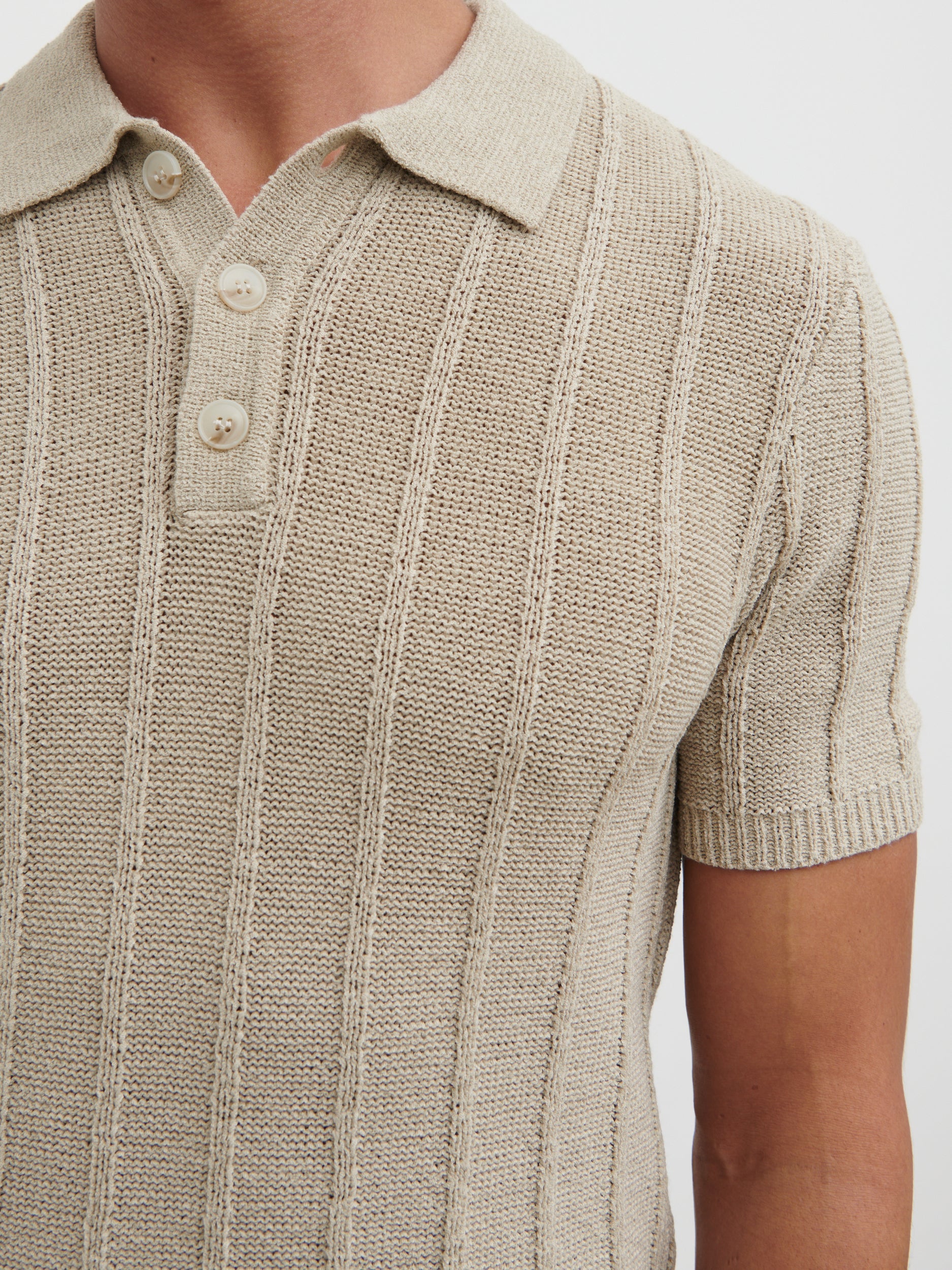 Wesley Fine Tape Stripe Knit Polo - Beige