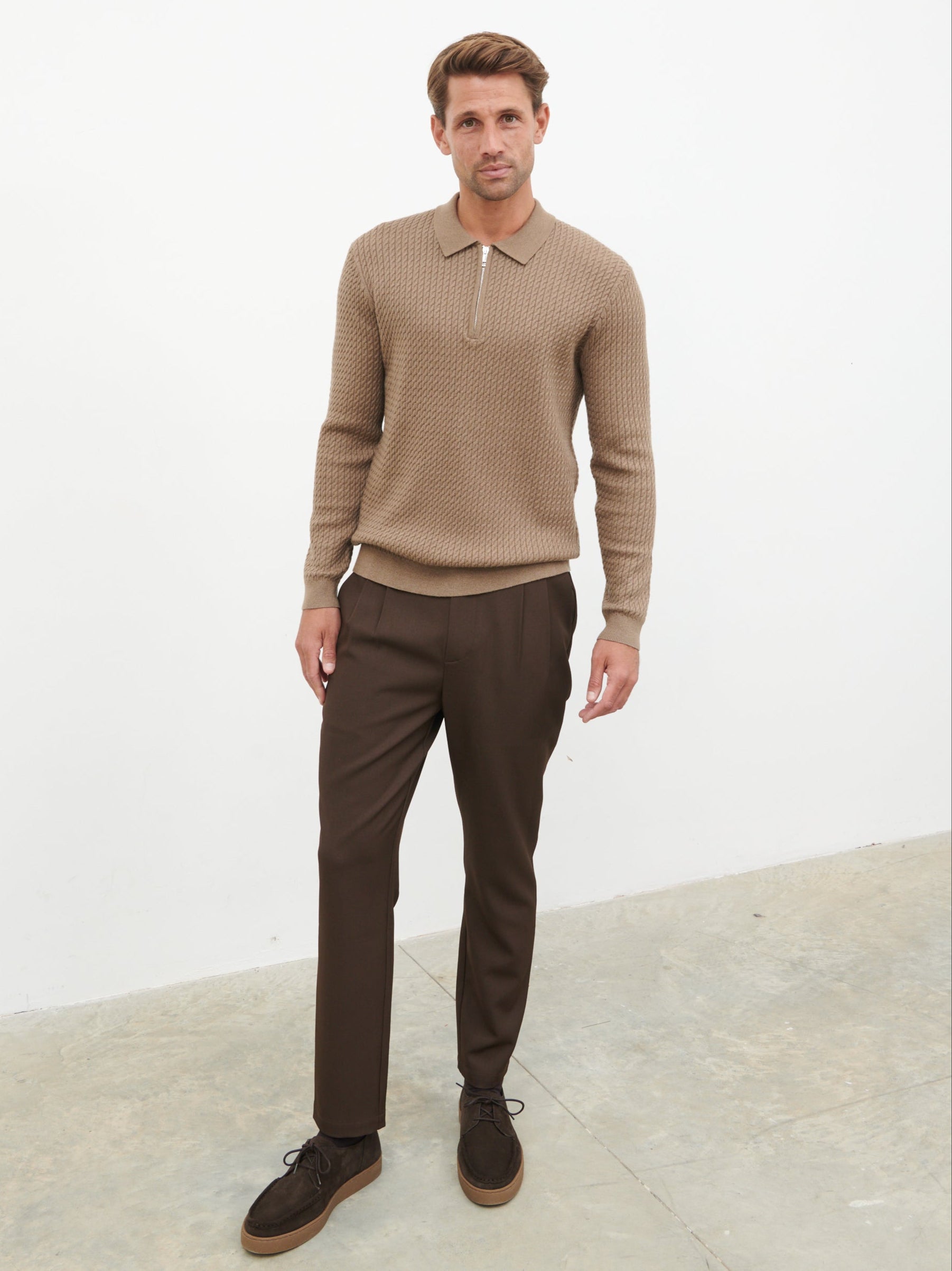 William Fine Cable Knit Zip Jumper - Light Brown