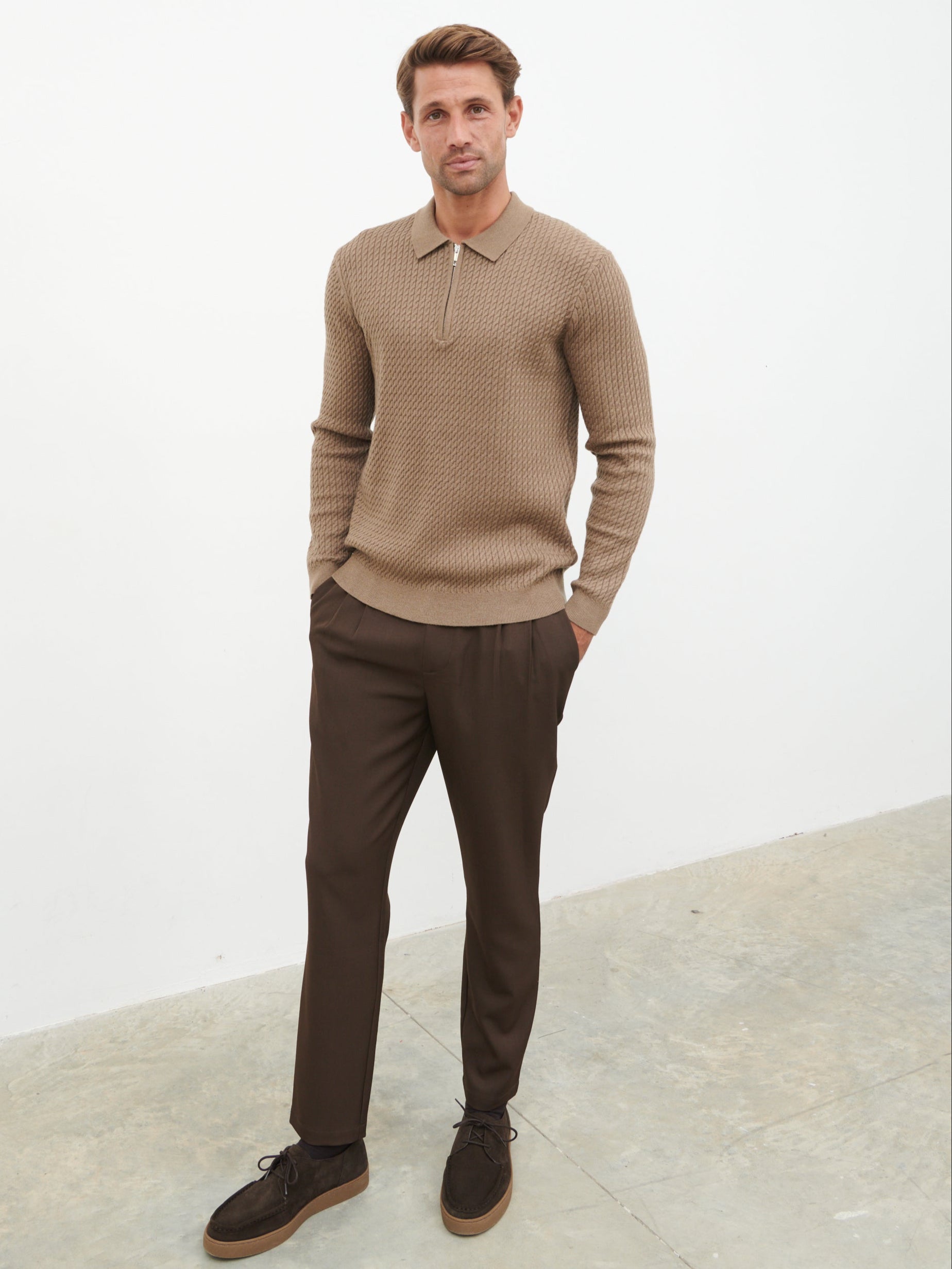 William Fine Cable Knit Zip Jumper - Light Brown