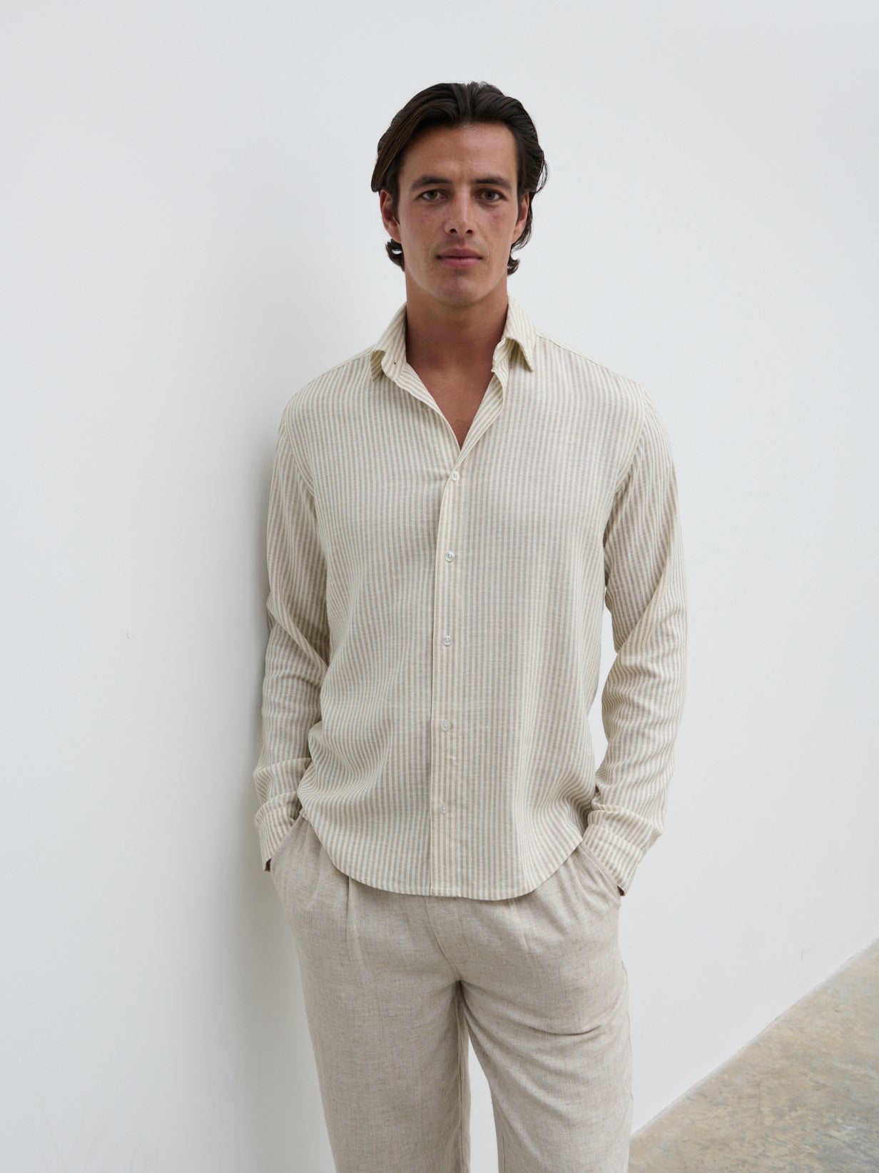 Wynn Stripe Long Sleeve Shirt - Taupe and Cream
