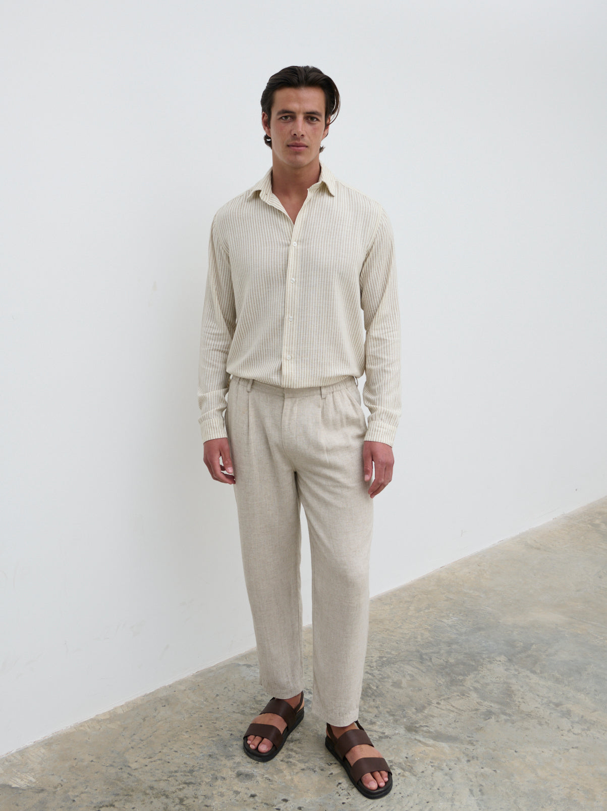 Wynn Stripe Long Sleeve Shirt - Taupe and Cream