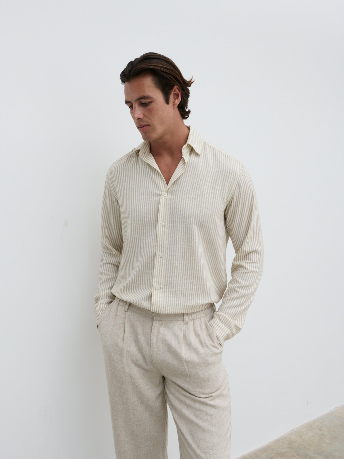 Wynn Stripe Long Sleeve Shirt - Taupe and Cream