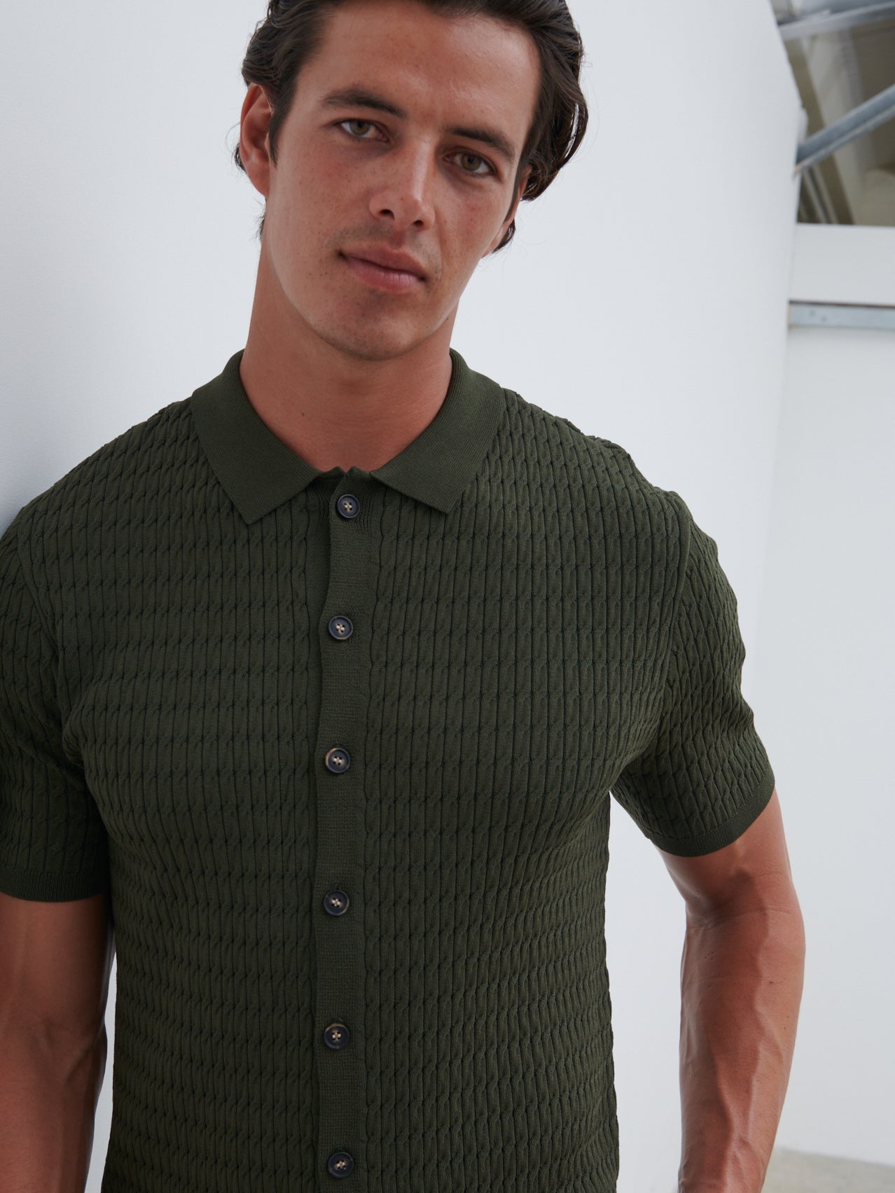 Xander Short Sleeve Cable Knit Shirt - Olive