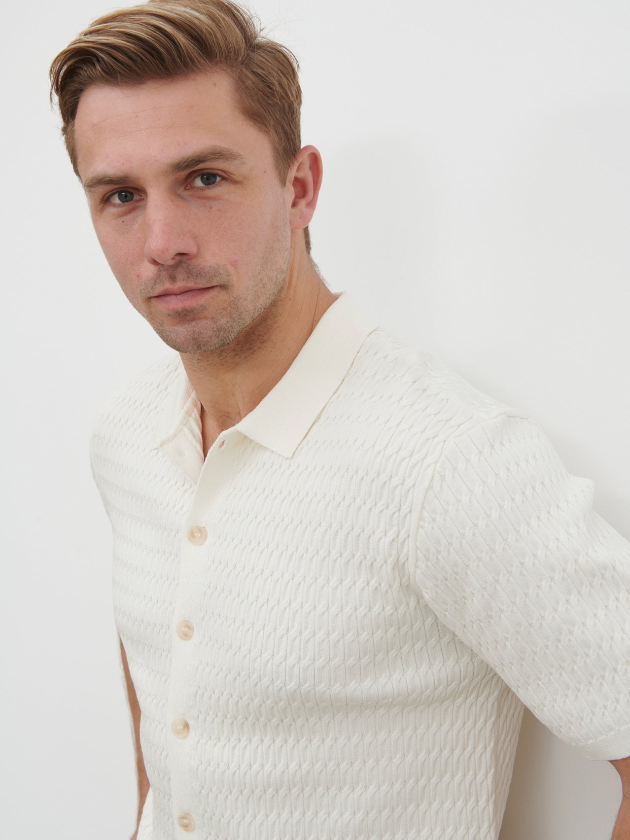 Xander Short Sleeve Cable Knit Shirt - Cream