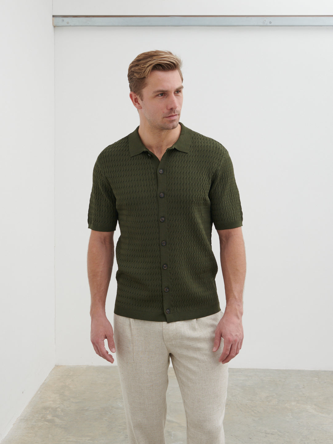 Xander Short Sleeve Cable Knit Shirt - Olive