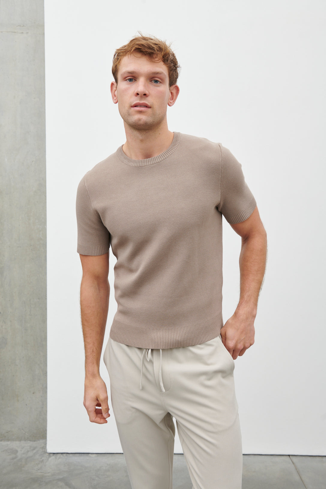 Roman Short Sleeve Crew Neck Knit Top Taupe