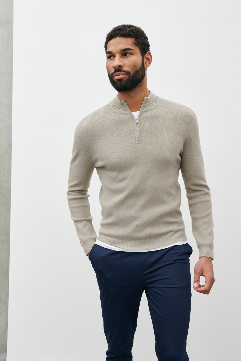 Logan Grown On Neck Half Zip Knit Jumper Light Taupe