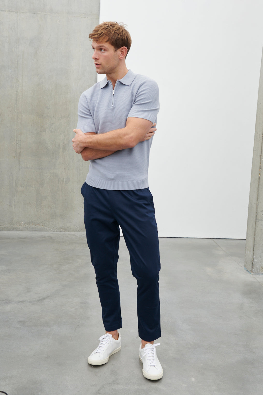 Nolan Long Sleeve Textured Zip Knit Polo Top Ice Blue