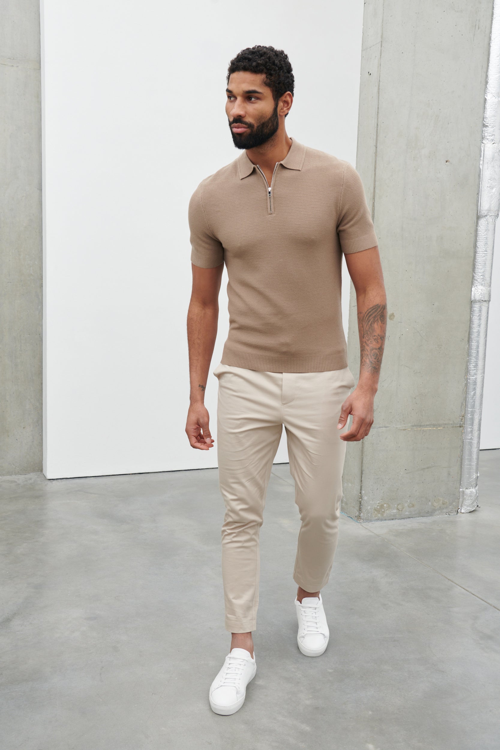 Nolan Long Sleeve Textured Zip Knit Polo Top Taupe