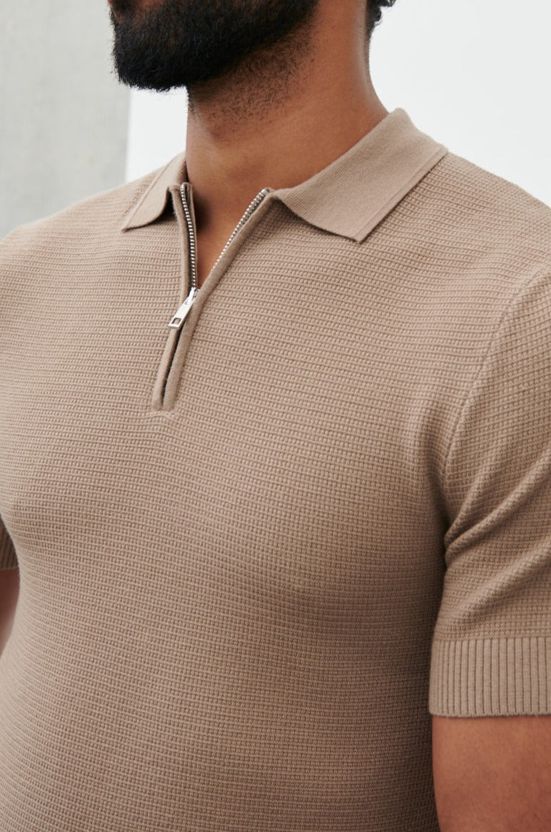 Nolan Long Sleeve Textured Zip Knit Polo Top Taupe