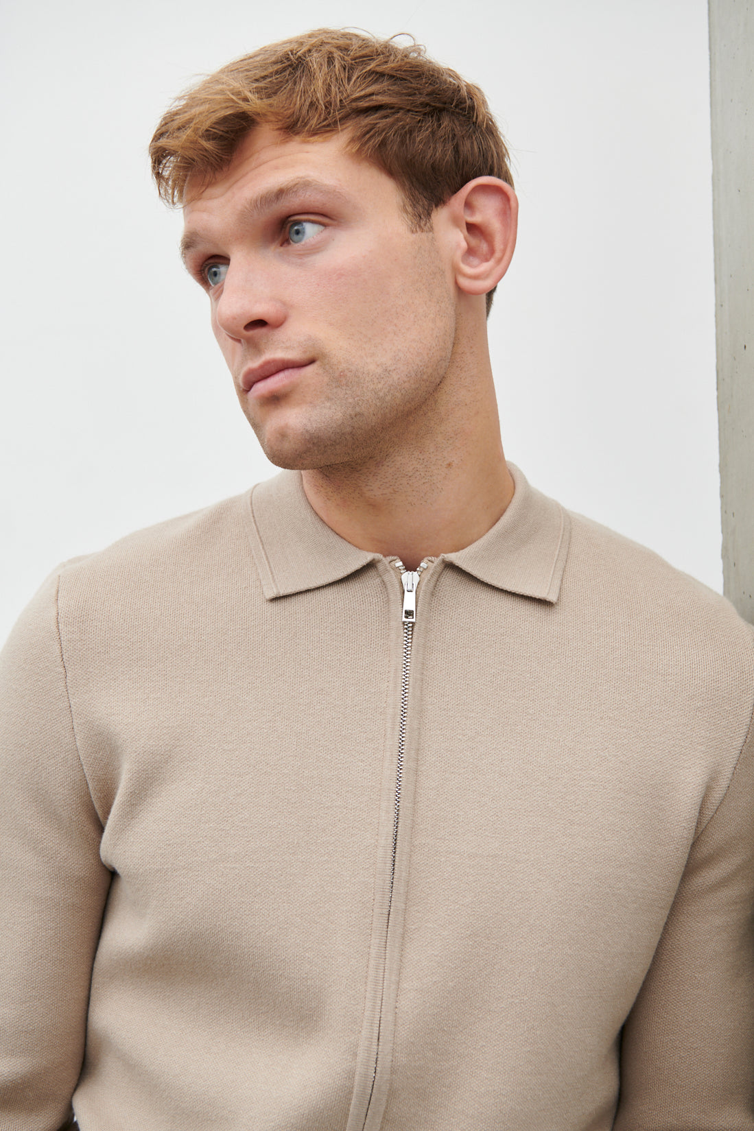 Otis Collared Knit Zip Long Sleeve Jacket Oatmeal