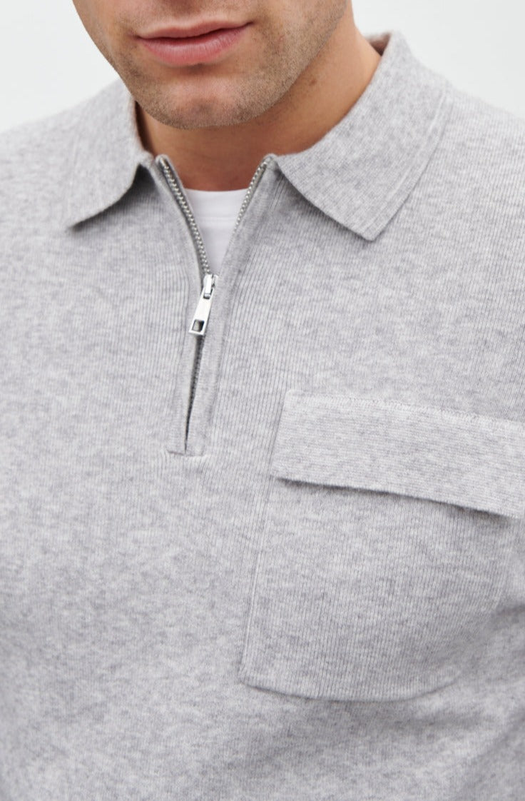 Chester Half Zip Long Sleeve Collared Polo Knit Jumper Grey Marl