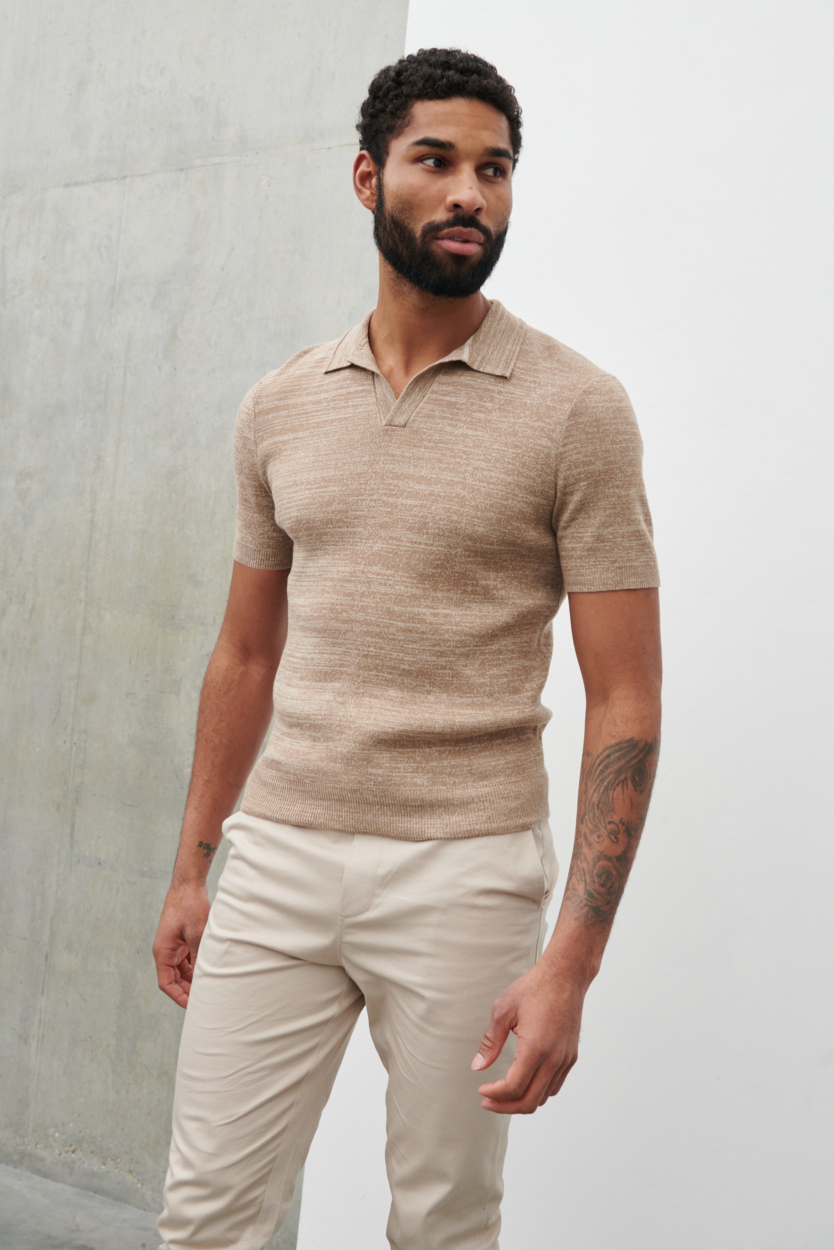Isaac Space Dye Short Sleeve Open V-Neck Collar Knit Polo Beige