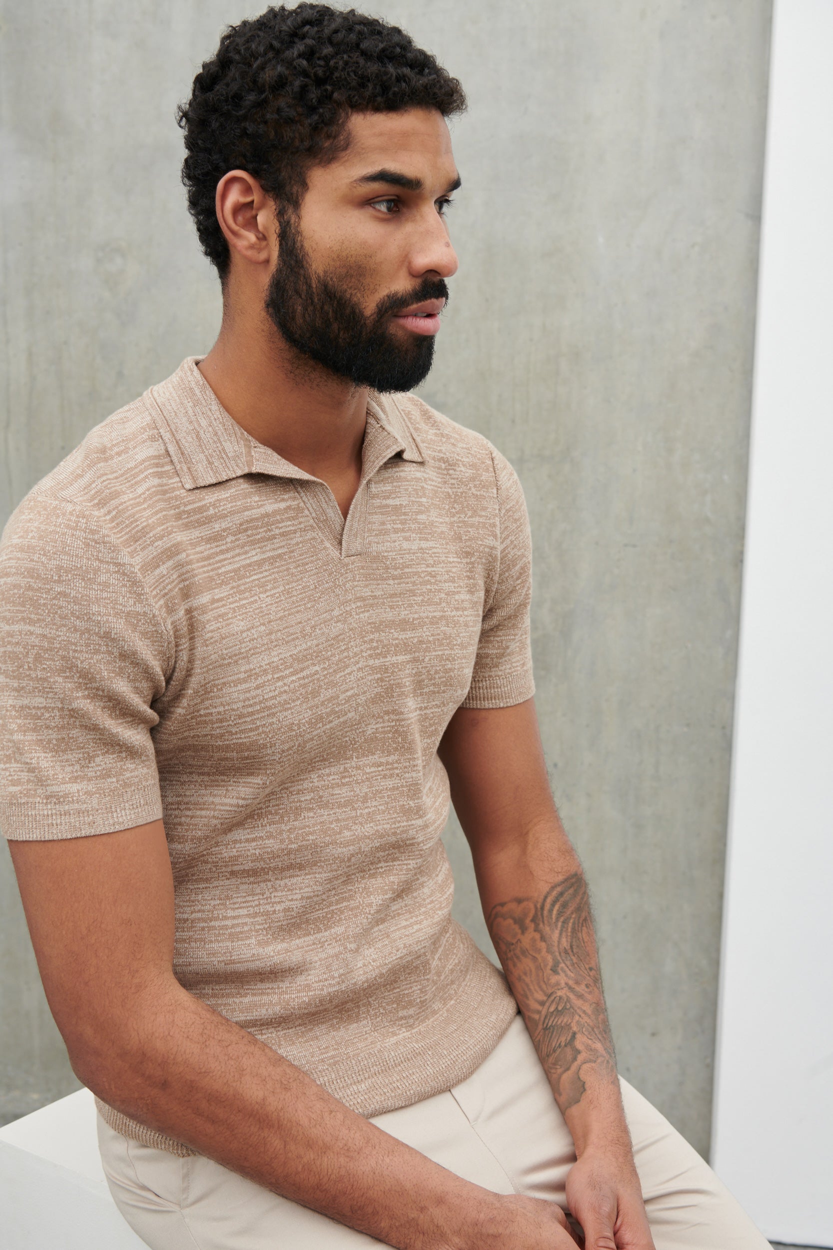 Isaac Space Dye Short Sleeve Open V-Neck Collar Knit Polo Beige