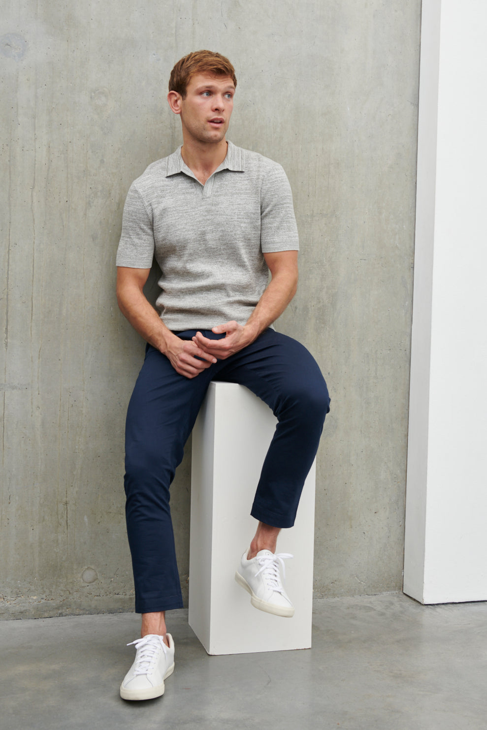 Isaac Space Dye Short Sleeve Open V-Neck Collar Knit Polo Grey
