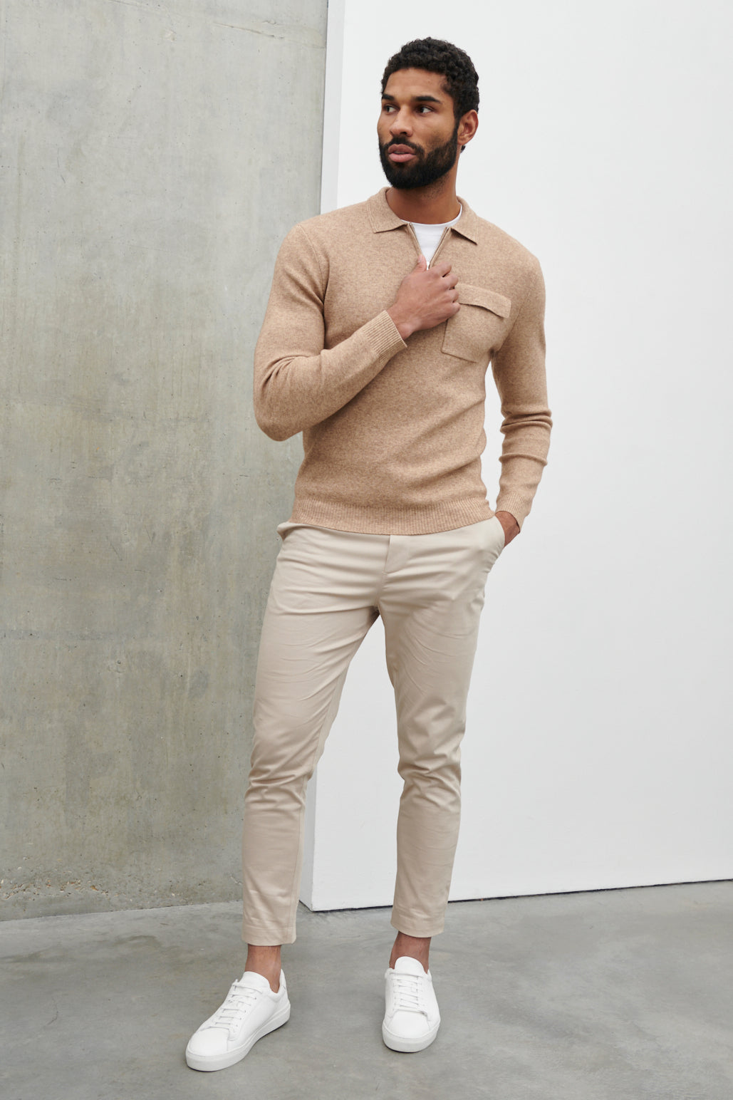 Chester Half Zip Long Sleeve Collared Polo Knit Jumper Brown Marl