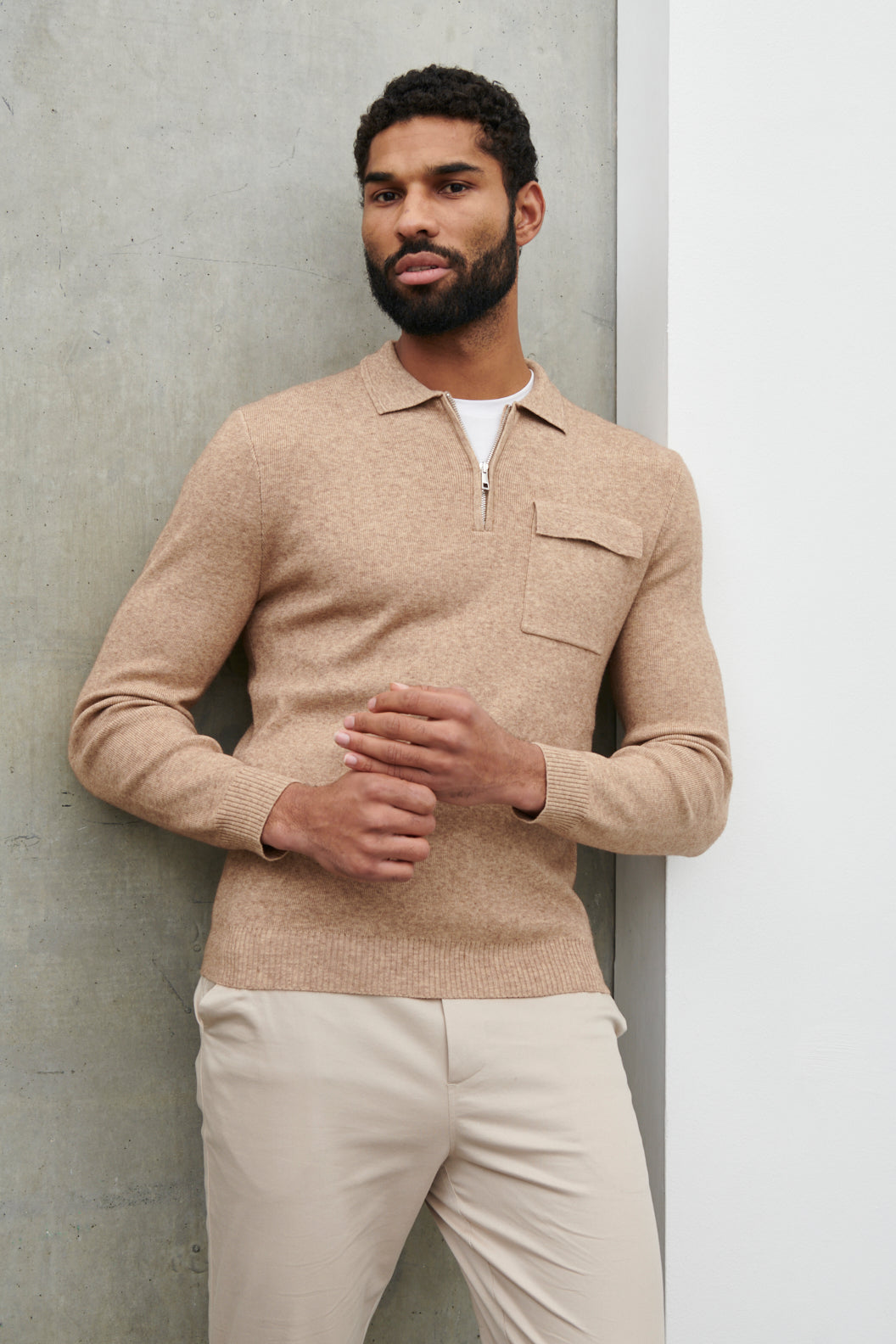 Chester Half Zip Long Sleeve Collared Polo Knit Jumper Brown Marl