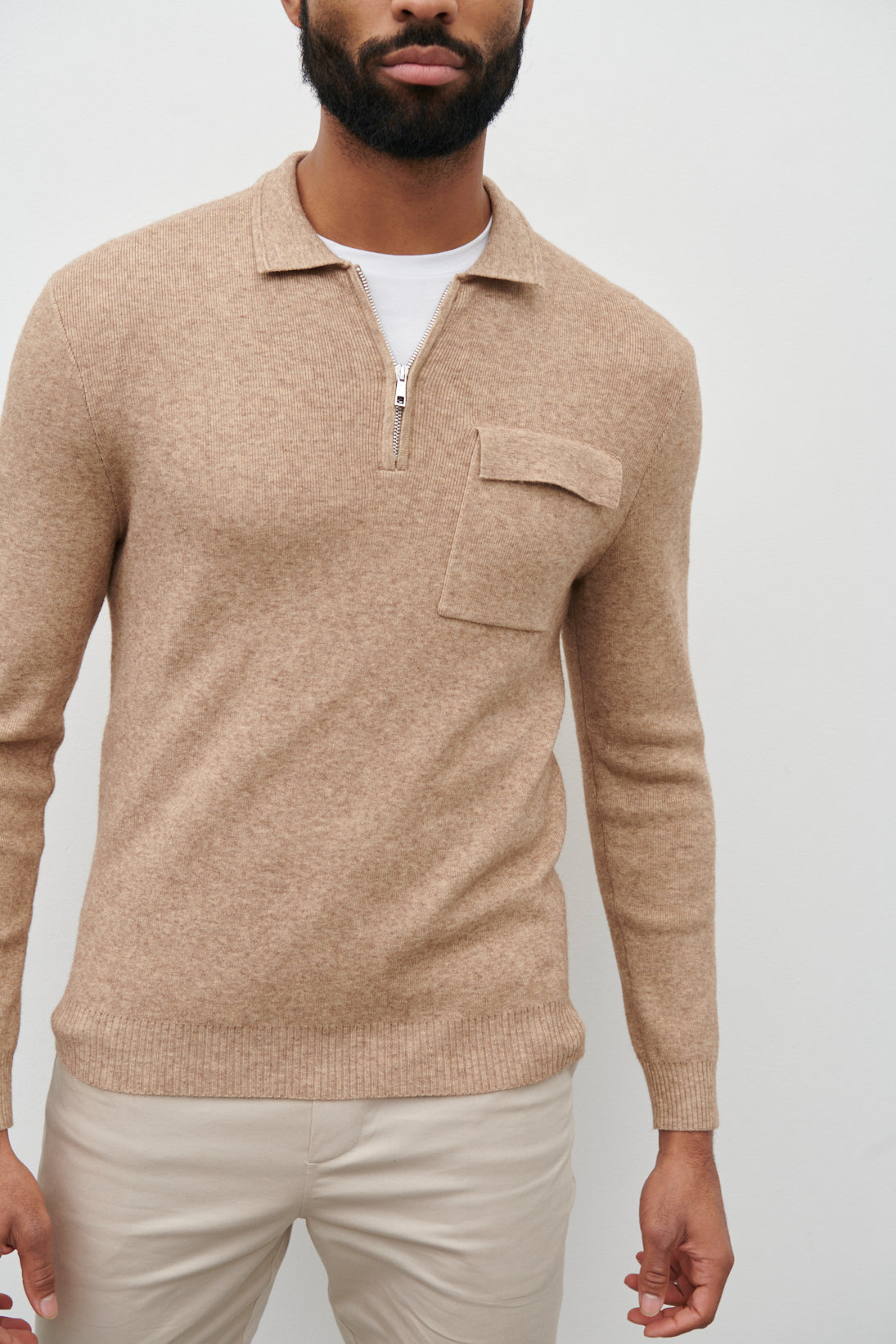 Chester Half Zip Long Sleeve Collared Polo Knit Jumper Brown Marl