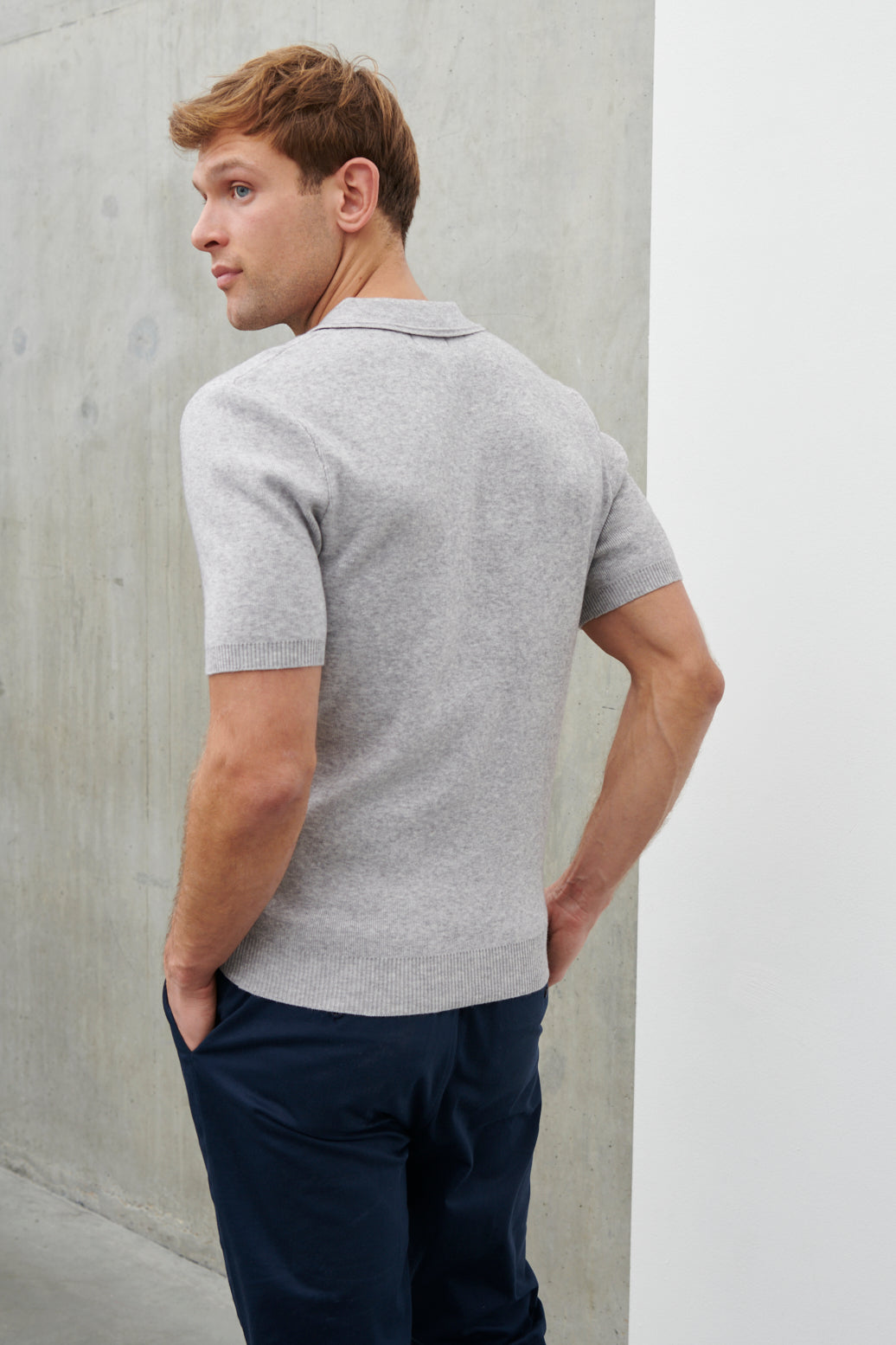 Corey Short Sleeve Open V-Neck Collar Knit Polo Grey Marl