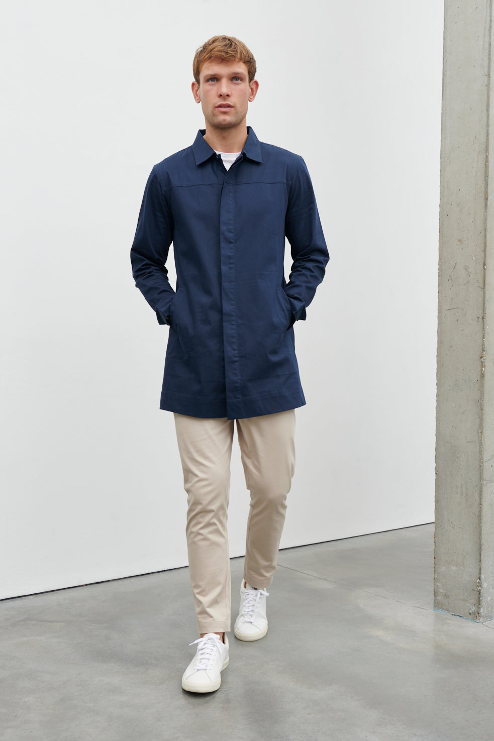 Pierre Long Sleeve Long Line Collared Coat Navy